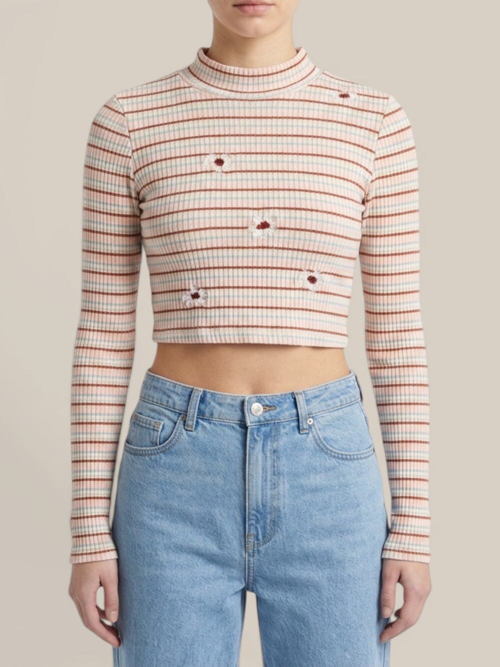 Vintage 90s Nordstrom Ribbed Mock Neck Crop Top Daisy Embroidery Junior S